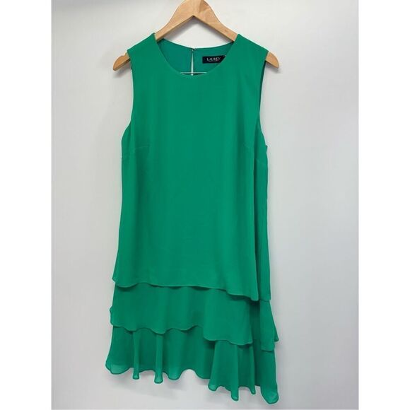 Lauren Ralph Lauren Shift Dress Size 12 Green Round Neck Ruffled NWT - Picture 4 of 13